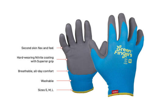 Green Fingers® BLUE Nylon Liner, Grey Nitrile Foam Coated Gardening Gloves, SMALL - Esko