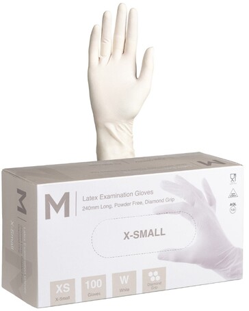 Latex Diamond Grip Examination Gloves Powder Free - White, XS, 240mm Cuff, 8.0g   - Matthews